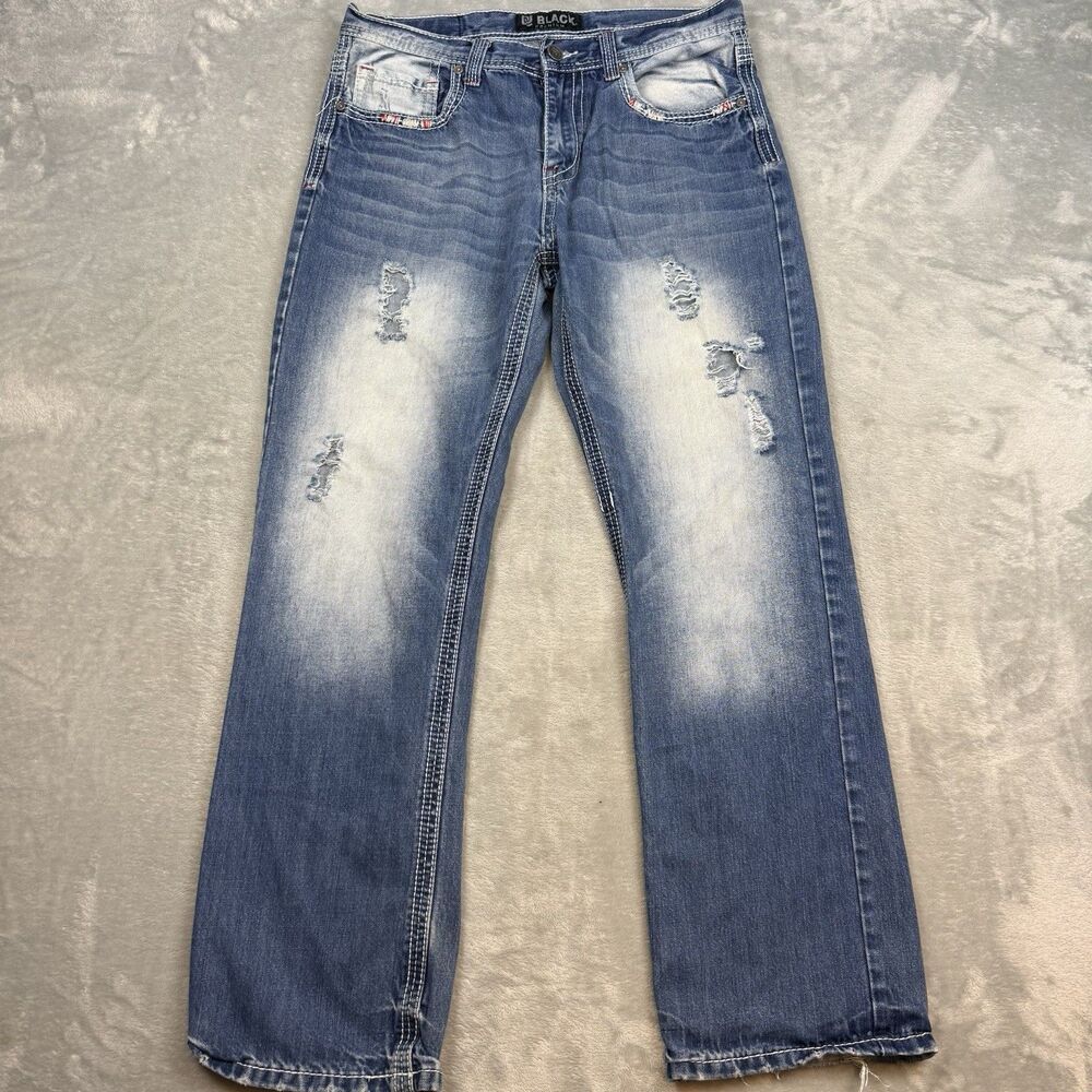 Black Premium Bootcut Jeans Men’s 34x32 Blue Distressed Embroidered Y2K